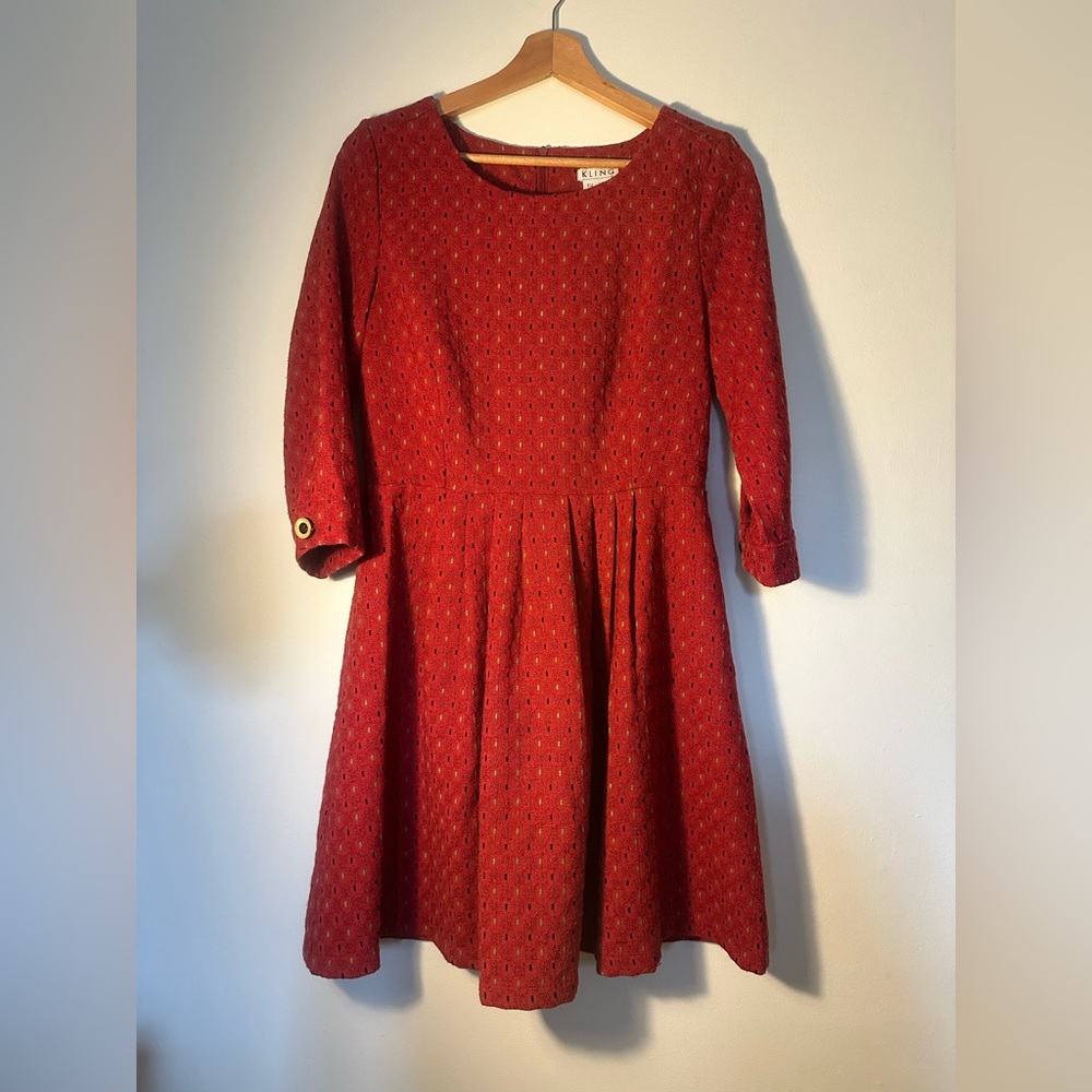 Cherry Red Kling Dress with Three-quarter Length Sleeves, Size Small